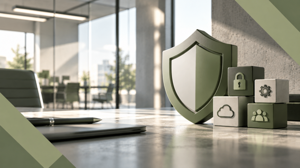 IT Security Grundlagen: Schutzschild mit Schloss vor einem Laptop im Büro